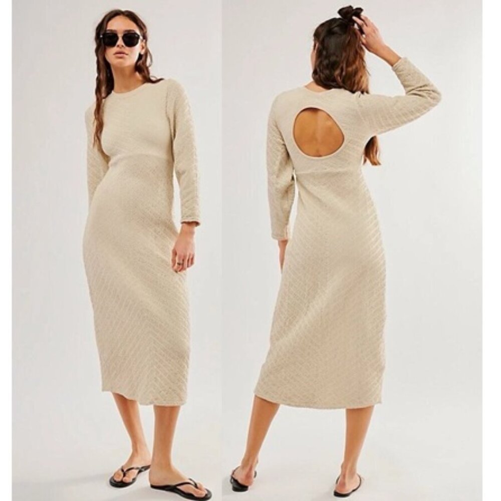 NEW Free People Gabby Seamless Midi Dress Wet Plaster Beige Ivory